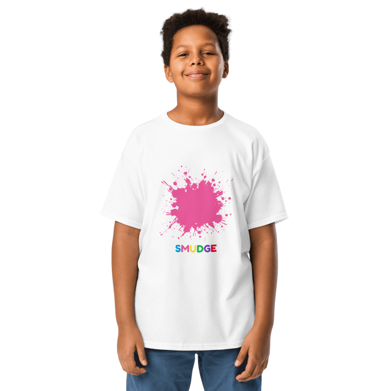 SMUDGE Pink Splat Youth T-Shirt in white, front