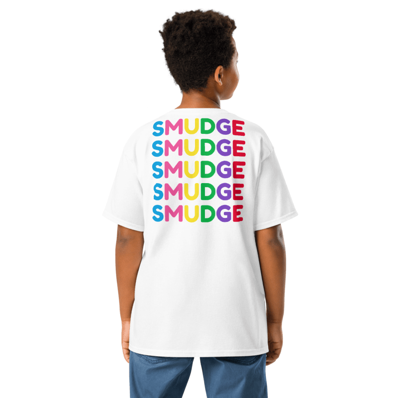 SMUDGE Stacked SMUDGE Back Youth T-Shirt in white, back