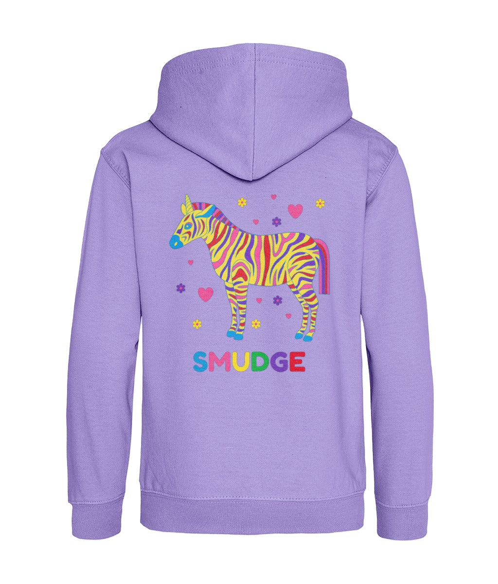 Back of the light purple Zebra hoodie with a big zebra and SMUDGE wordmark