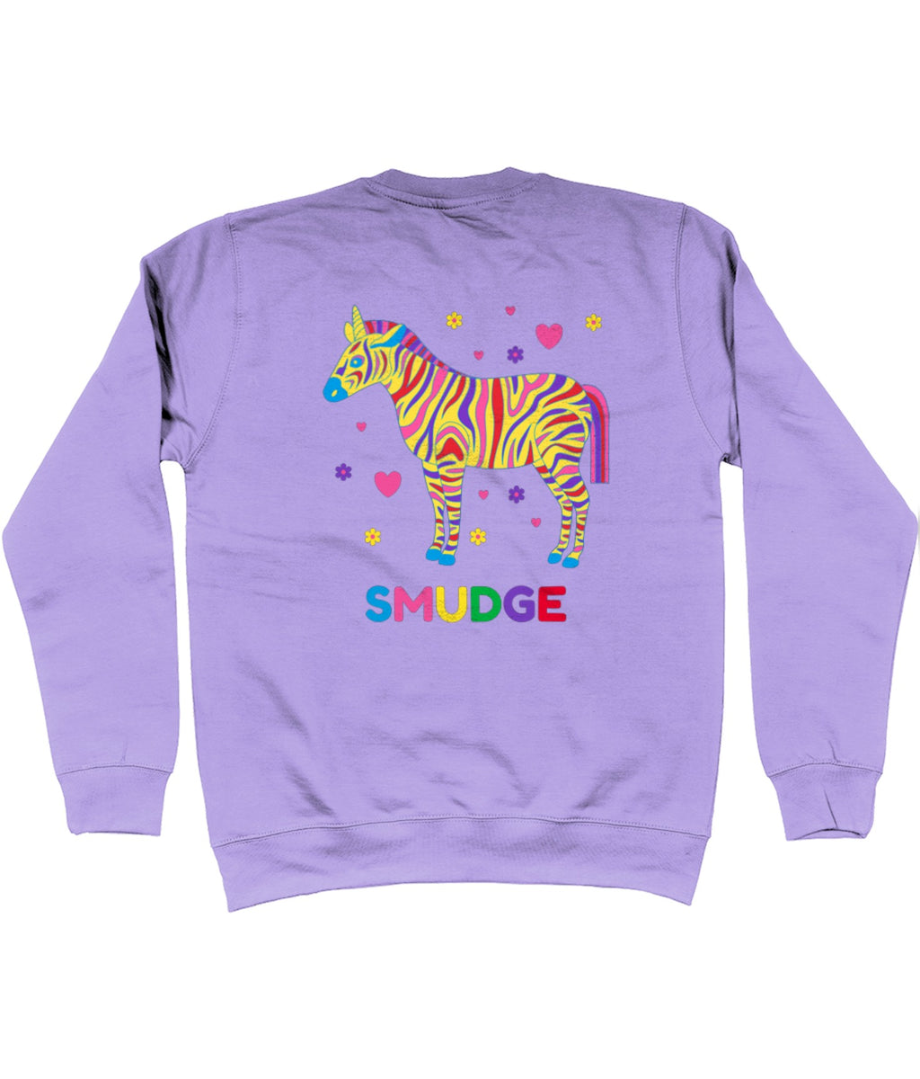 Back of the light purple Zebra sweatshirt with a big zebra and SMUDGE wordmark