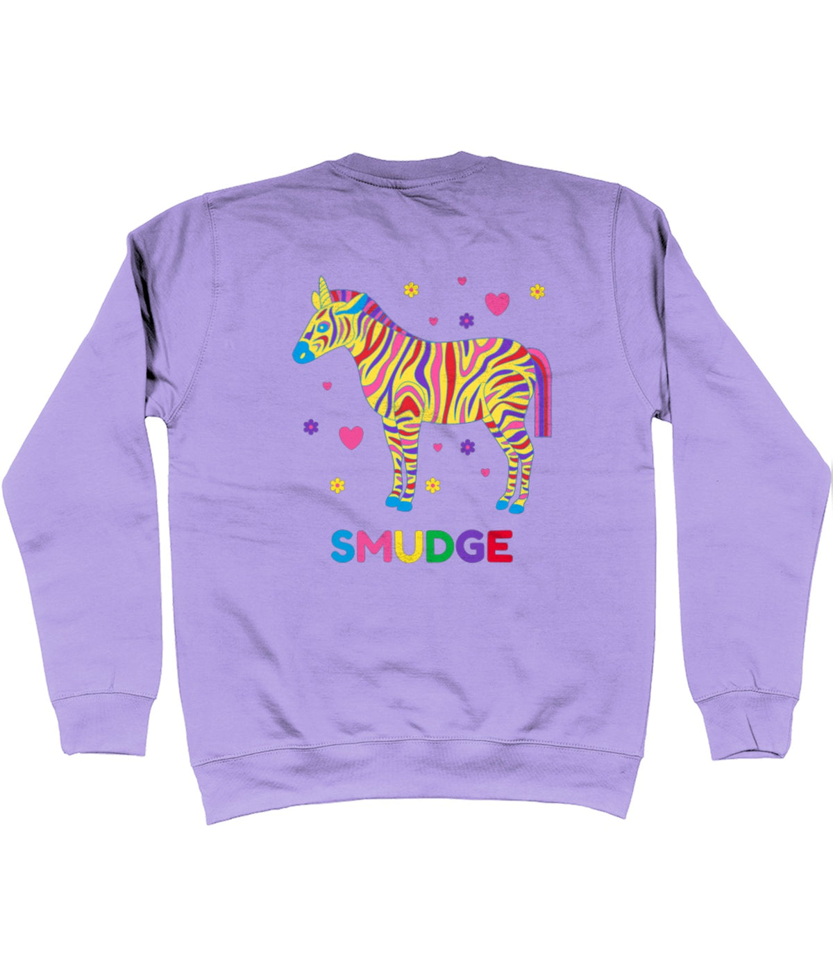 Back of the light purple Zebra sweatshirt with a big zebra and SMUDGE wordmark