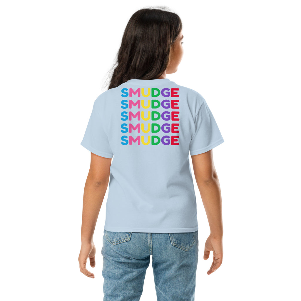 SMUDGE Stacked SMUDGE Back Youth T-Shirt in light blue, back