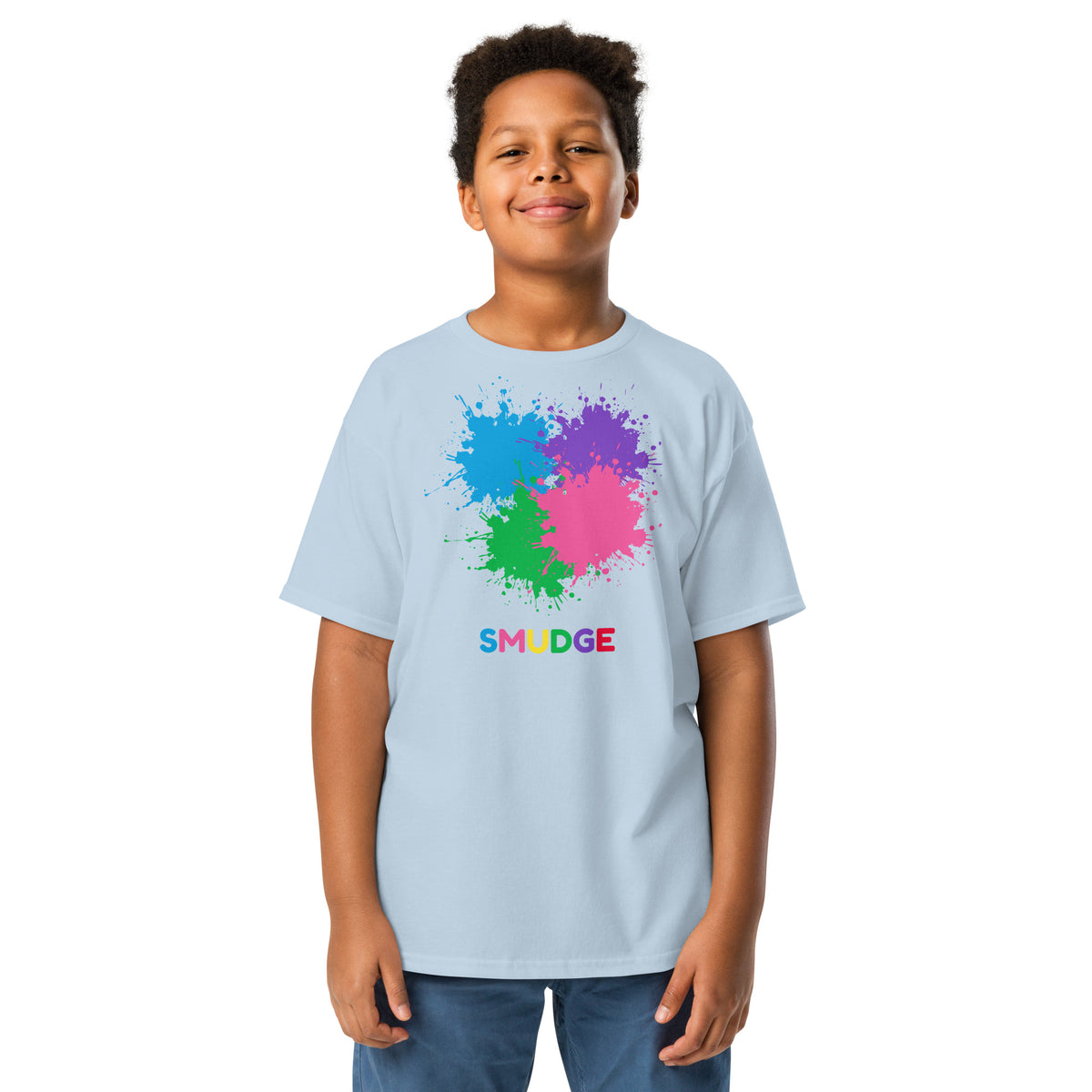 SMUDGE Paint Splat Cluster Youth T-Shirt in light blue, front