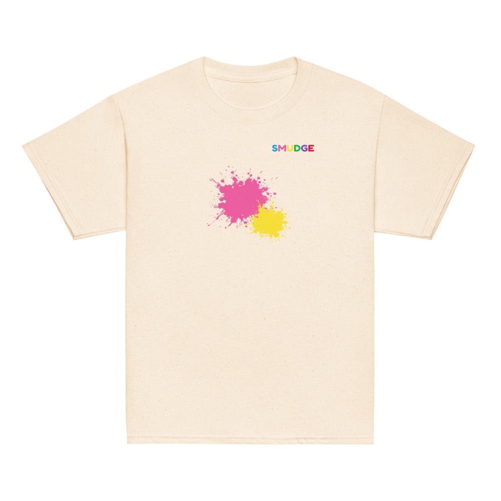 Natural SMUDGE youth t-shirt with the Pink and Yellow Front Pair design, front view laid flat