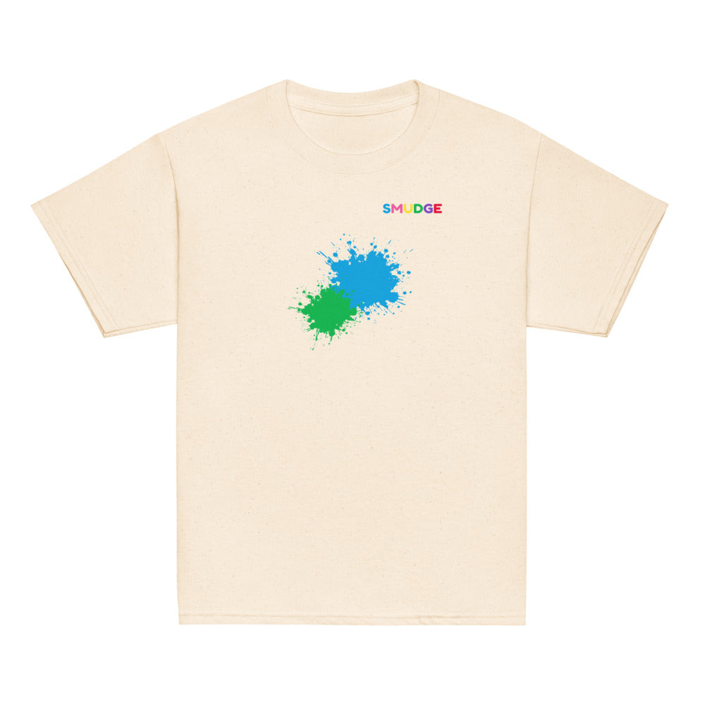 Natural SMUDGE youth t-shirt with the Cyan and Green Front Pair design, front view laid flat