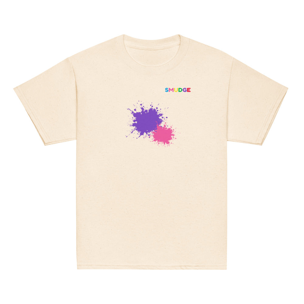 Natural SMUDGE youth t-shirt with the Purple and Pink Front Pair design, front view laid flat