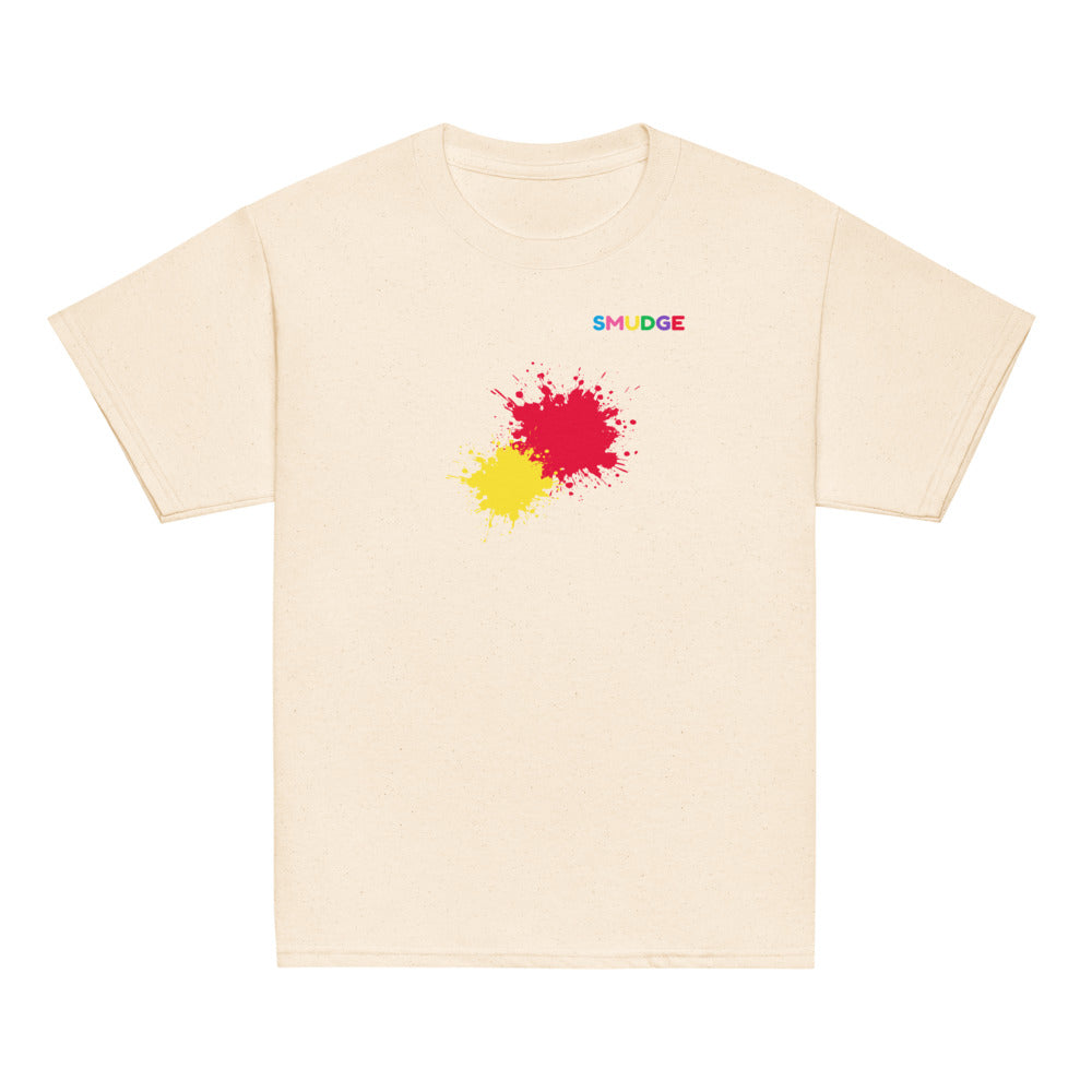 Natural SMUDGE youth t-shirt with the Red and Yellow Front Pair design, front view laid flat