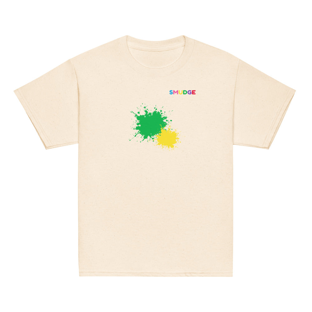 Natural SMUDGE youth t-shirt with the Green and Yellow Front Pair design, front view laid flat
