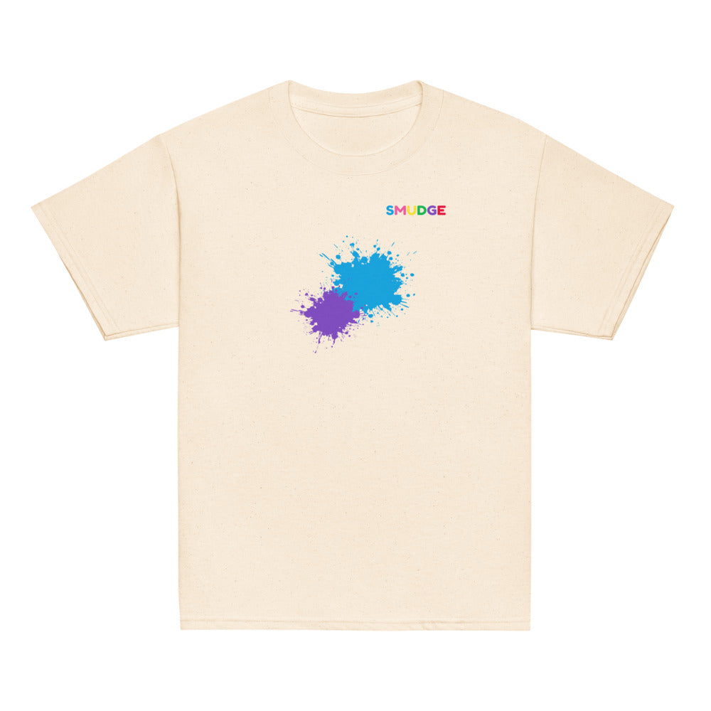 Natural SMUDGE youth t-shirt with the Cyan and Purple Front Pair design, front view laid flat