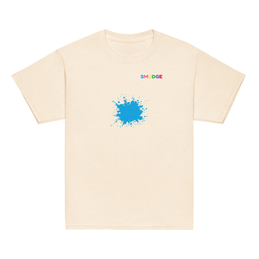 Natural SMUDGE youth t-shirt with the Cyan Splash design, front view laid flat