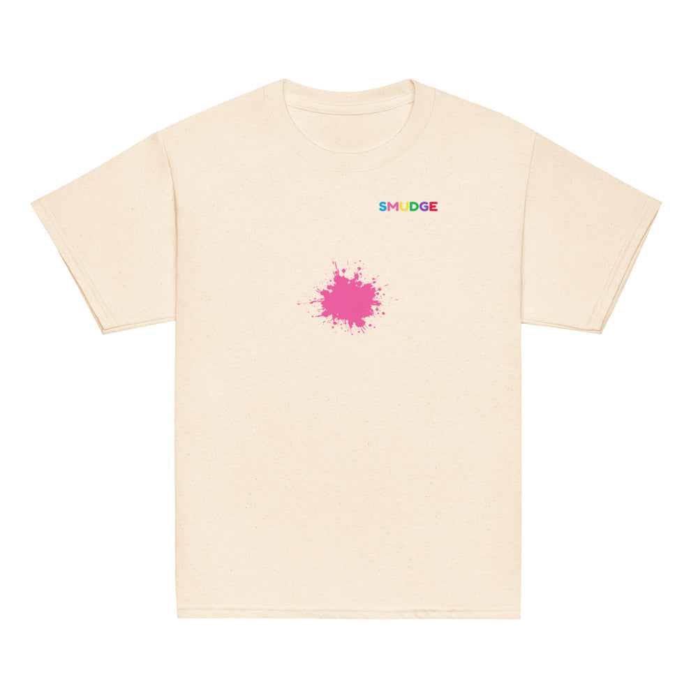 Natural SMUDGE youth t-shirt with the Pink Splash design, front view laid flat