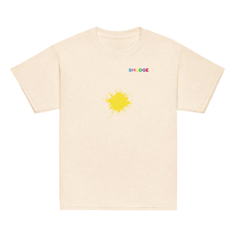 Natural SMUDGE youth t-shirt with the Yellow Splash design, front view laid flat