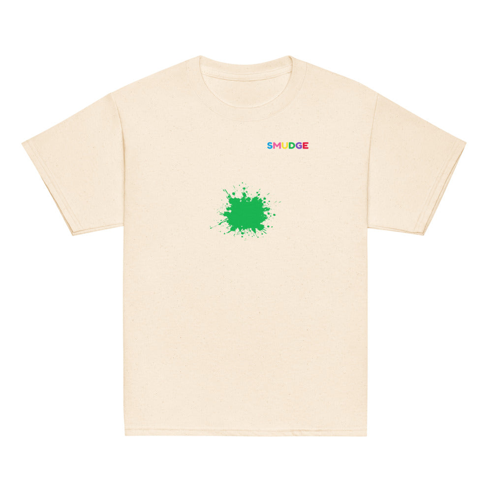Natural SMUDGE youth t-shirt with the Green Splash design, front view laid flat