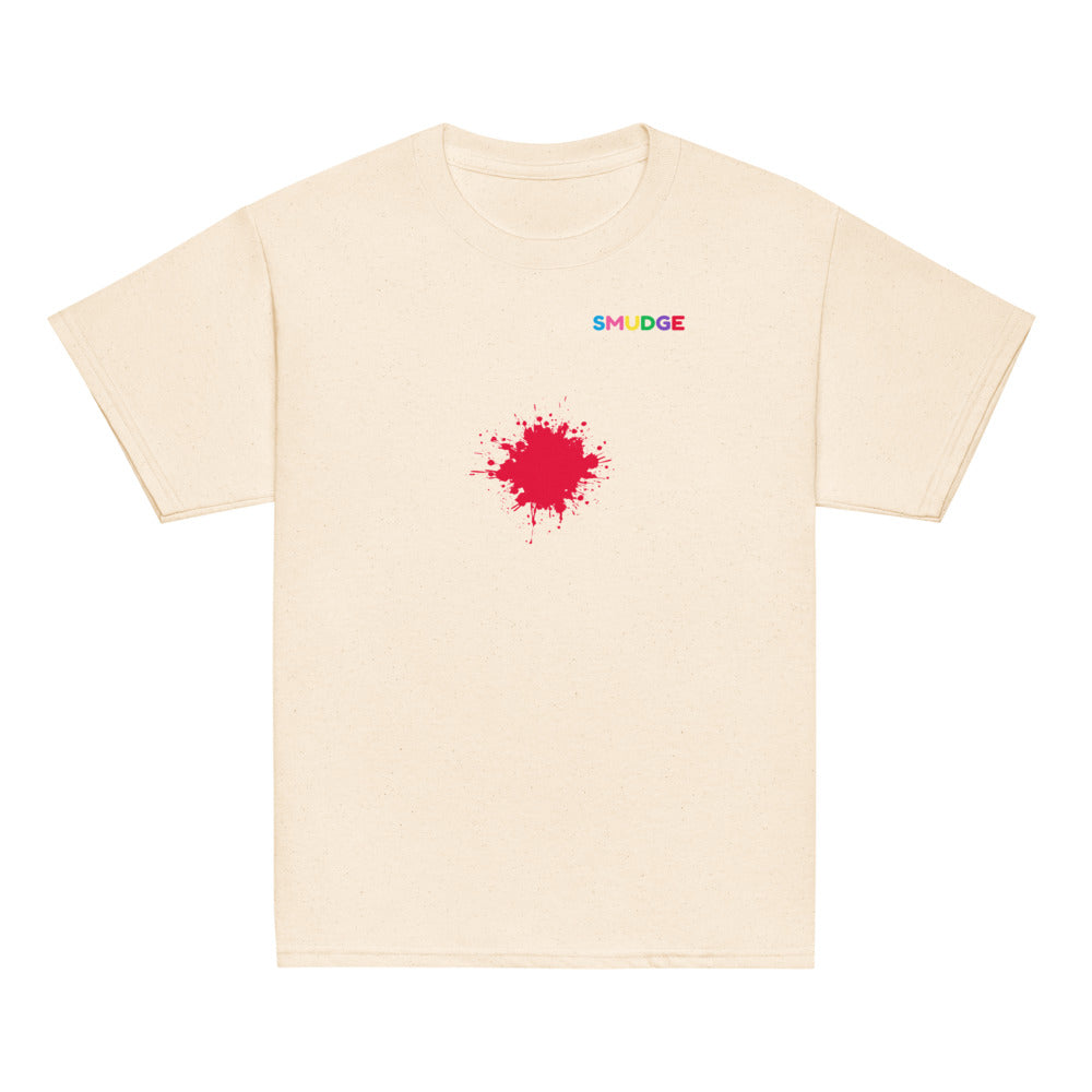 Natural SMUDGE youth t-shirt with the Red Splash design, front view laid flat