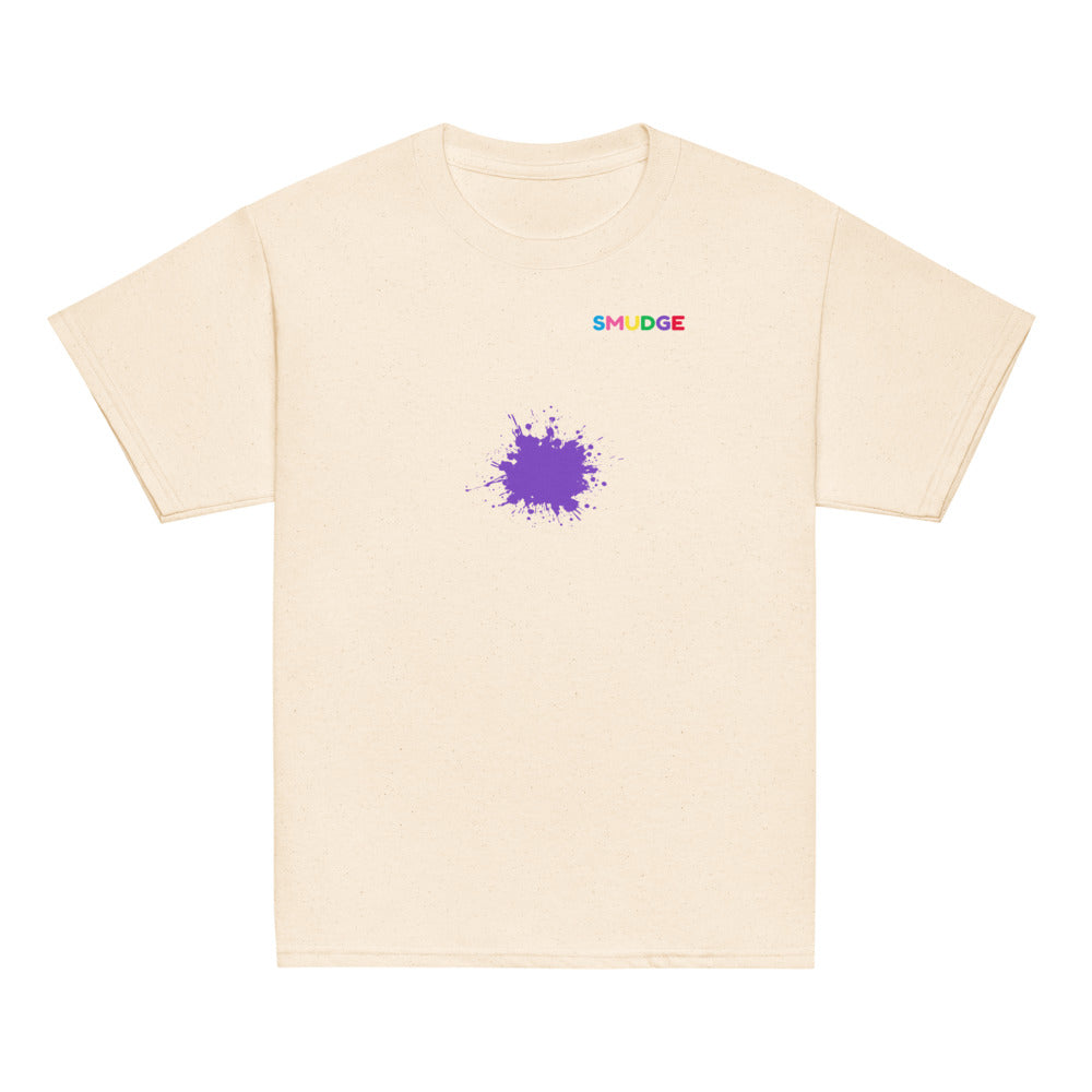 Natural SMUDGE youth t-shirt with the Purple Splash design, front view laid flat
