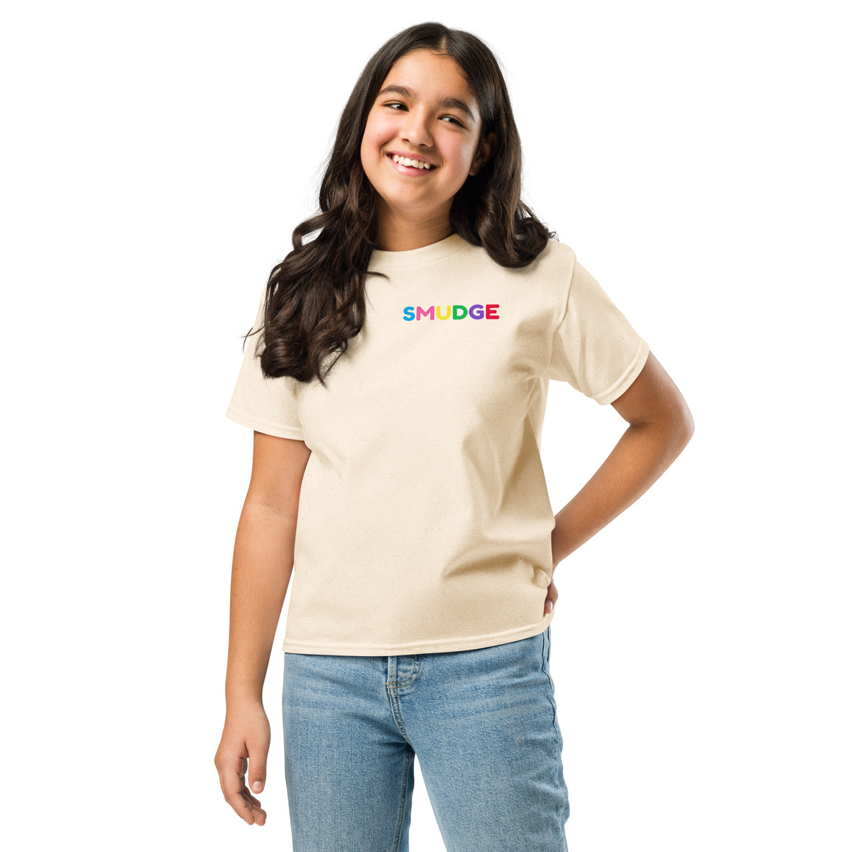 SMUDGE Wordmark Chest Youth T-Shirt in cream, front