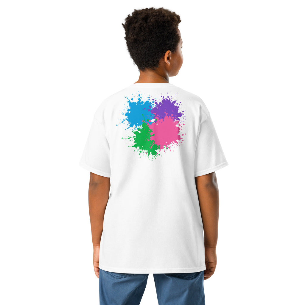 Back of the white youth T-shirt with a cluster of colour paint splats across the back