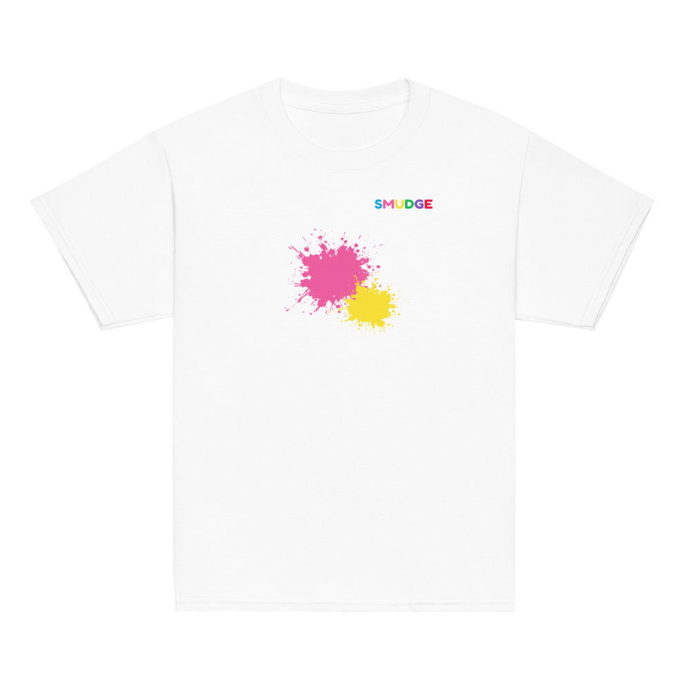 White SMUDGE youth t-shirt with the Pink and Yellow Front Pair design, front view laid flat
