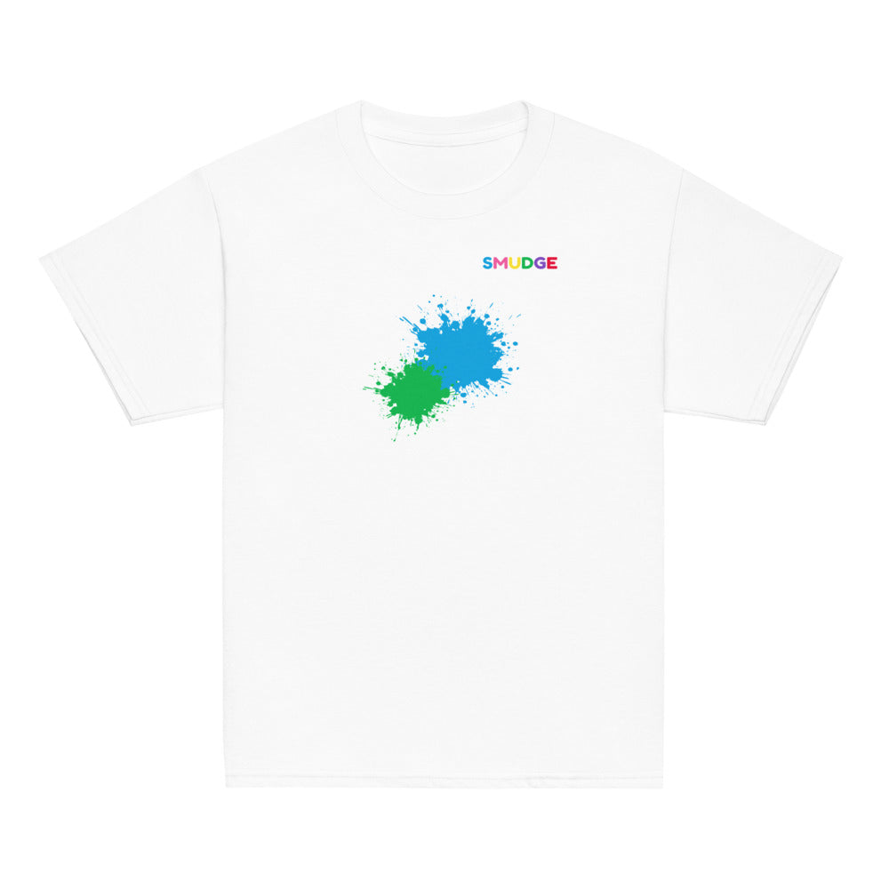 White SMUDGE youth t-shirt with the Cyan and Green Front Pair design, front view laid flat
