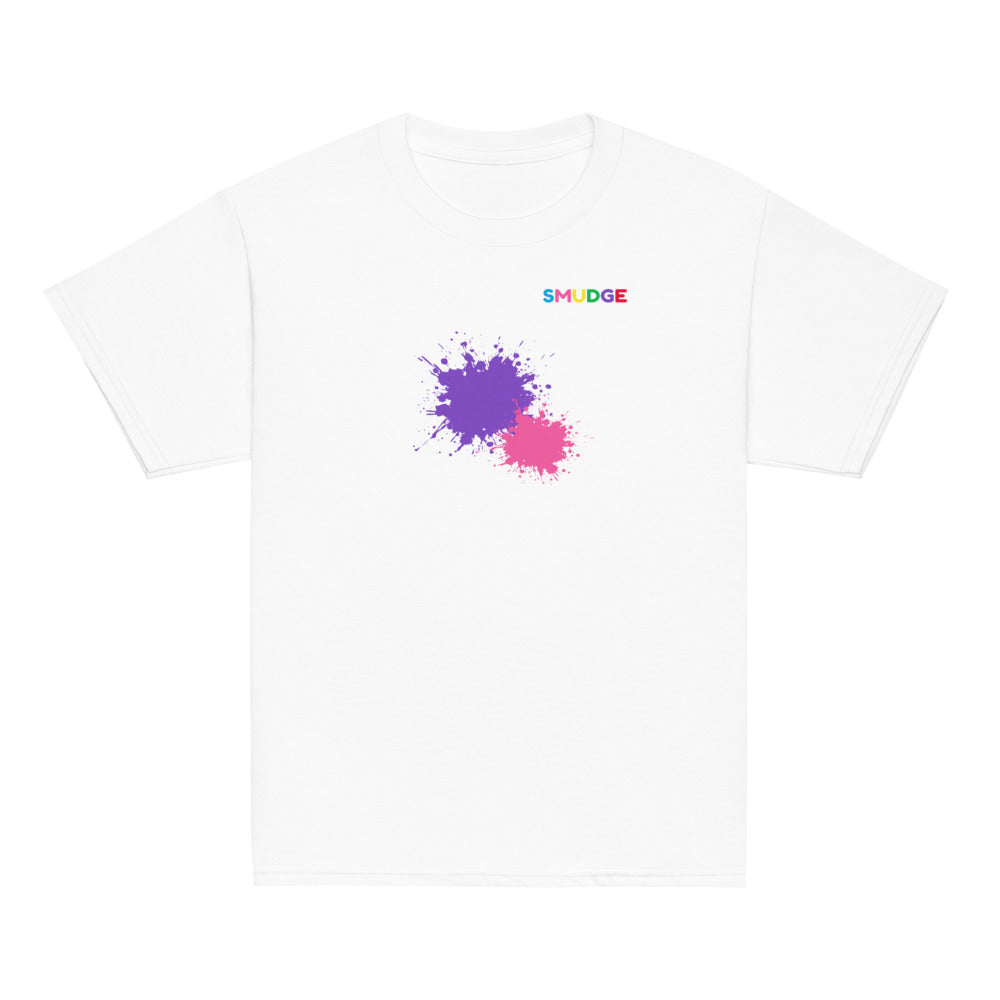 White SMUDGE youth t-shirt with the Purple and Pink Front Pair design, front view laid flat