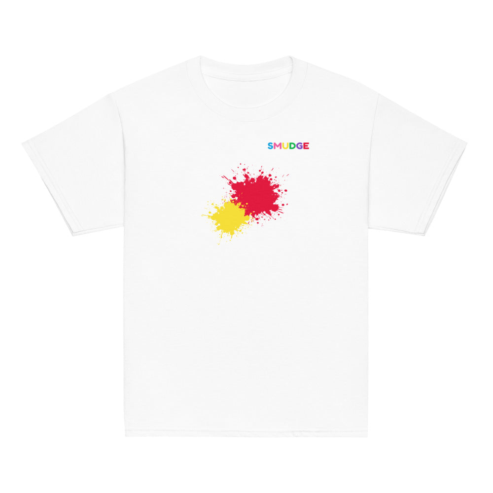 White SMUDGE youth t-shirt with the Red and Yellow Front Pair design, front view laid flat