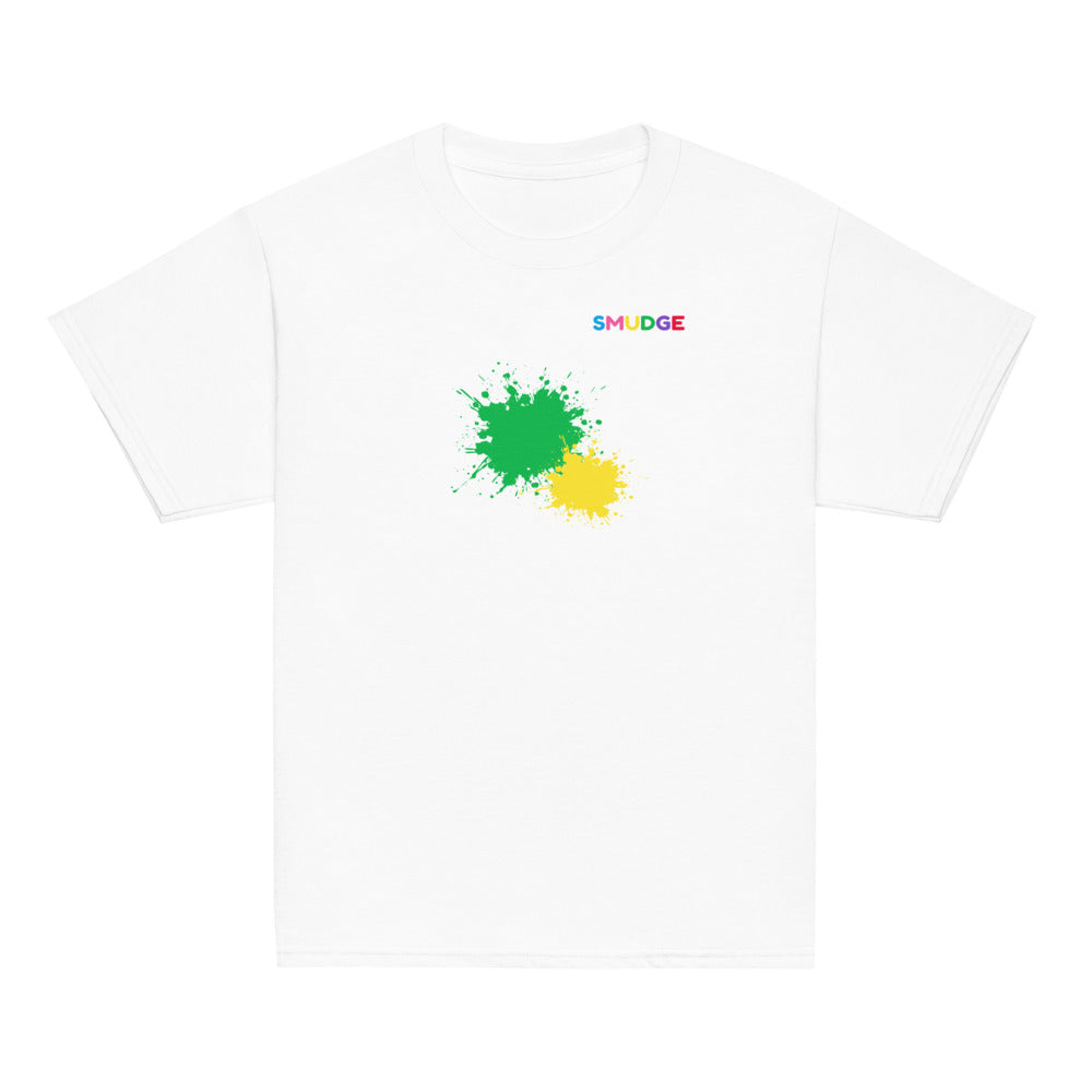 White SMUDGE youth t-shirt with the Green and Yellow Front Pair design, front view laid flat