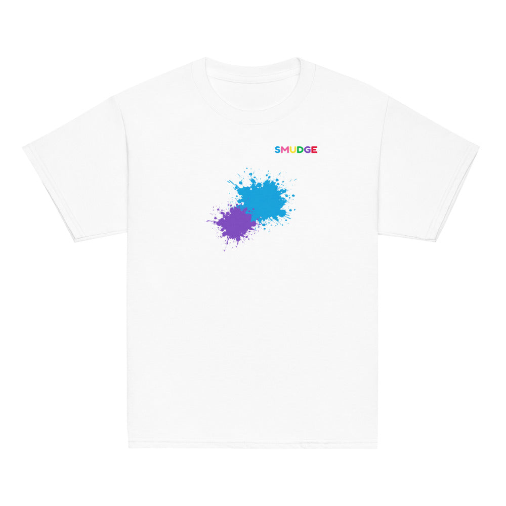 White SMUDGE youth t-shirt with the Cyan and Purple Front Pair design, front view laid flat