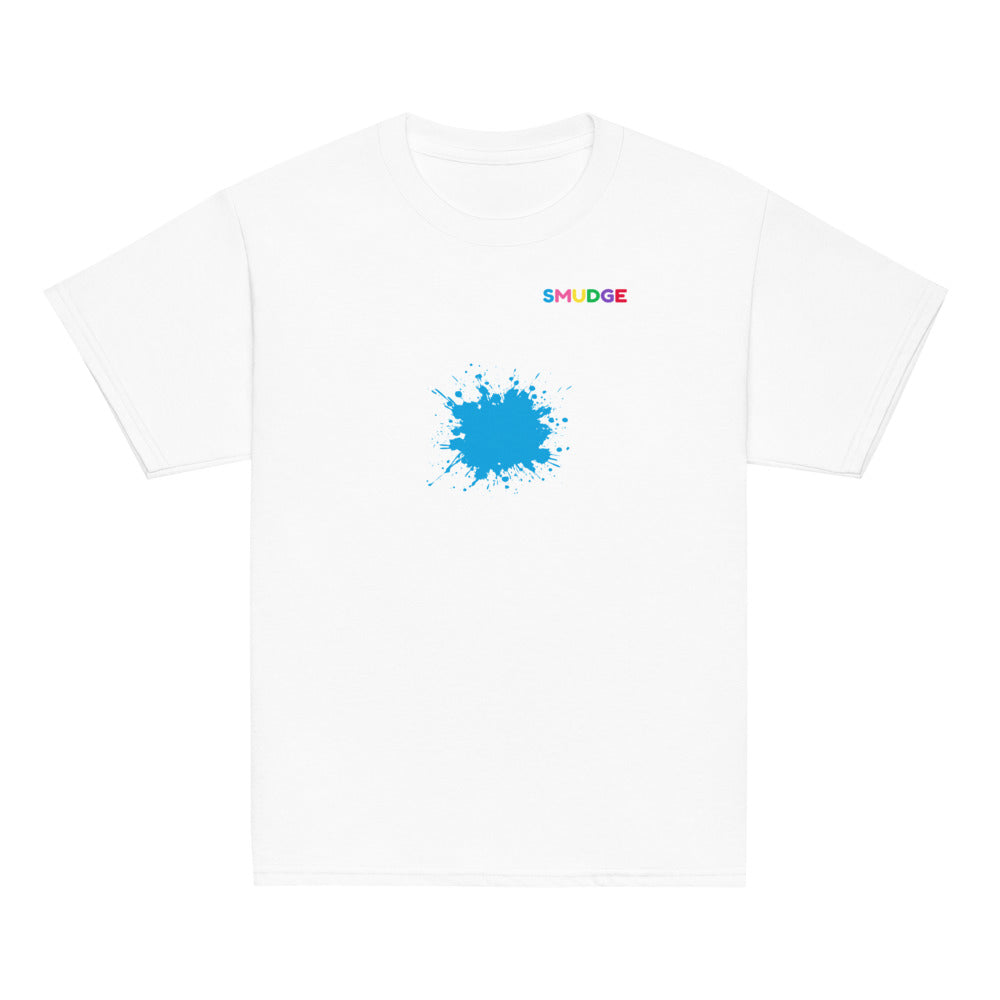 White SMUDGE youth t-shirt with the Cyan Splash design, front view laid flat