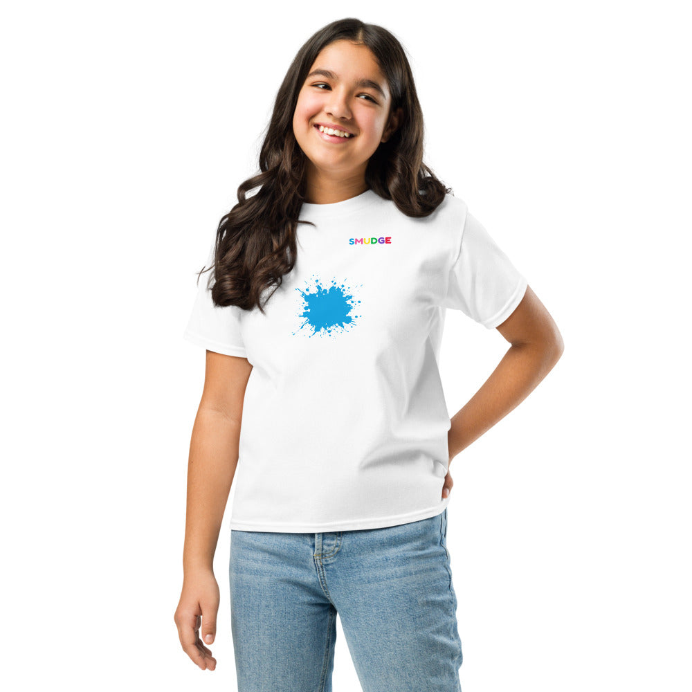 Child wearing a white SMUDGE youth t-shirt with the Cyan Splash design, front view