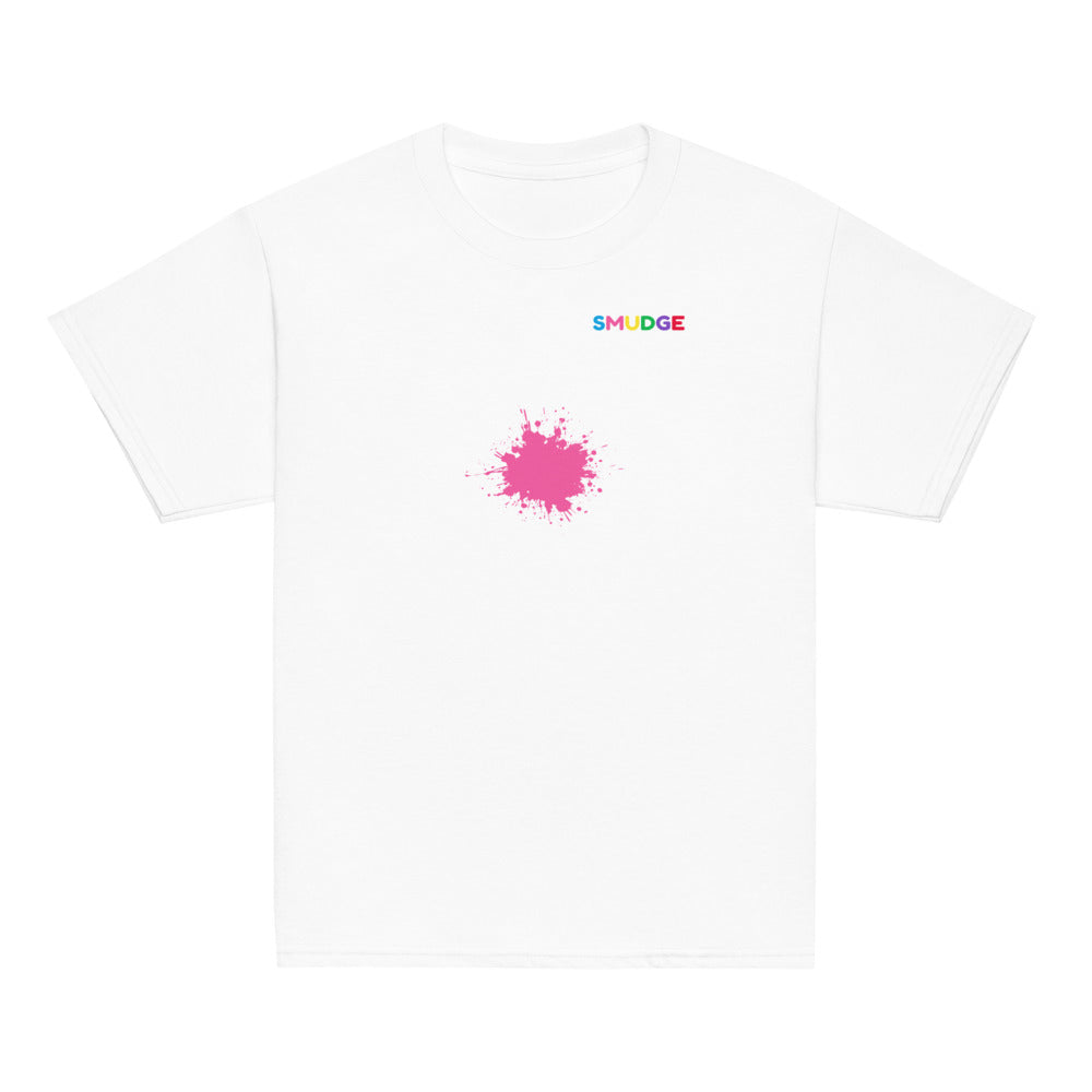 White SMUDGE youth t-shirt with the Pink Splash design, front view laid flat