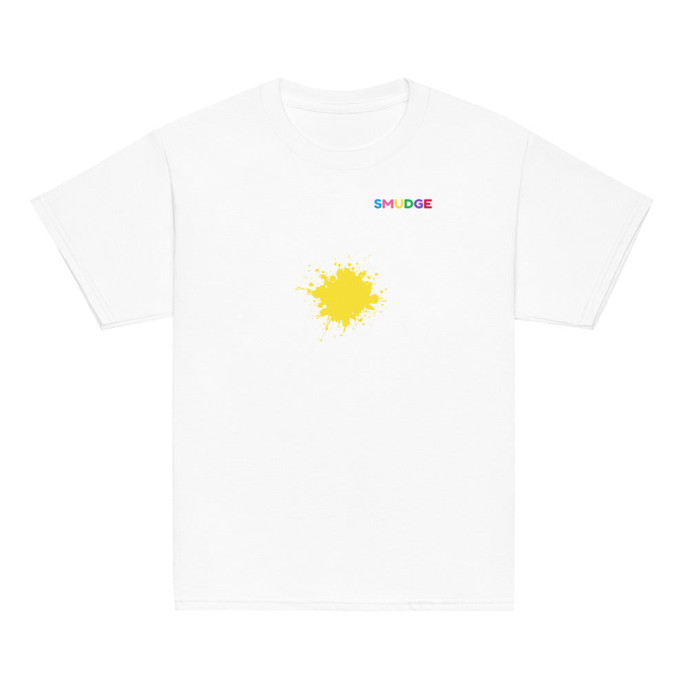 White SMUDGE youth t-shirt with the Yellow Splash design, front view laid flat