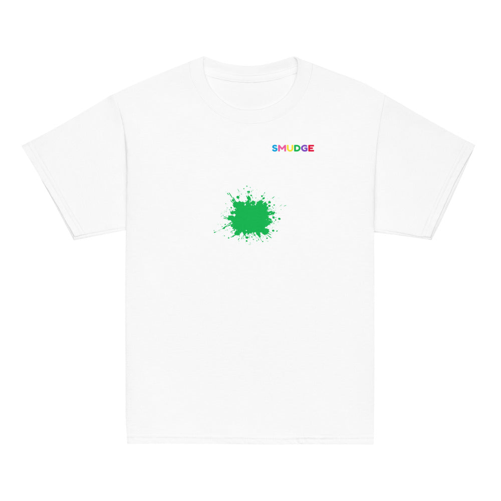 White SMUDGE youth t-shirt with the Green Splash design, front view laid flat