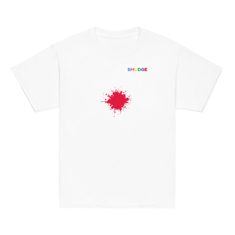 White SMUDGE youth t-shirt with the Red Splash design, front view laid flat