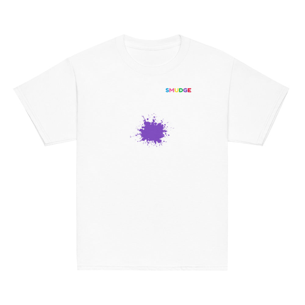 White SMUDGE youth t-shirt with the Purple Splash design, front view laid flat