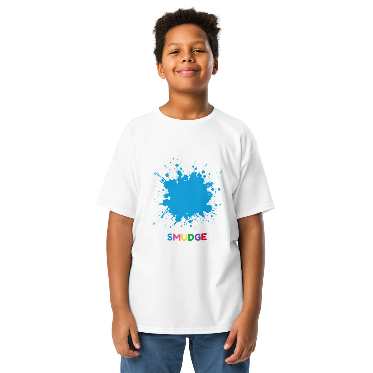 SMUDGE Blue Splat Youth T-Shirt in white, front