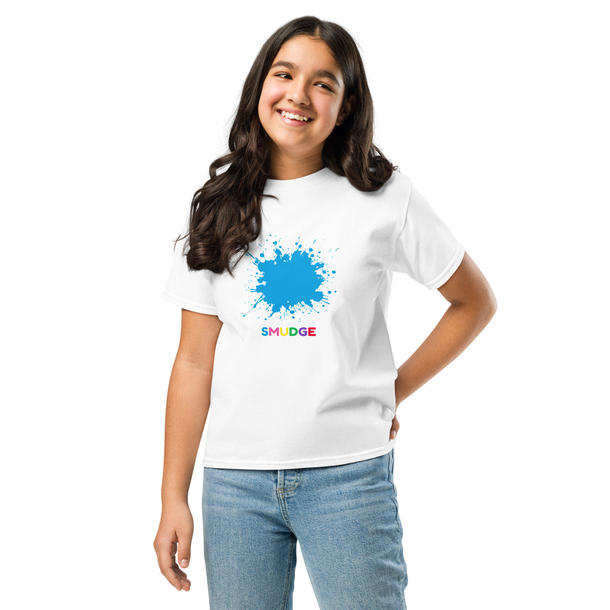 SMUDGE Blue Splat Youth T-Shirt in white, front, second model