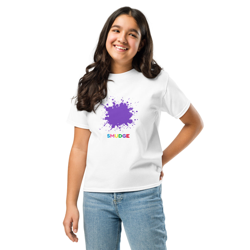 SMUDGE Purple Splat Youth T-Shirt in white, front