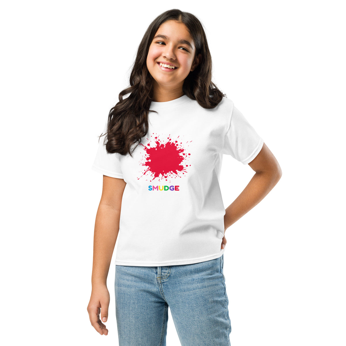 SMUDGE Red Splat Youth T-Shirt in white, front