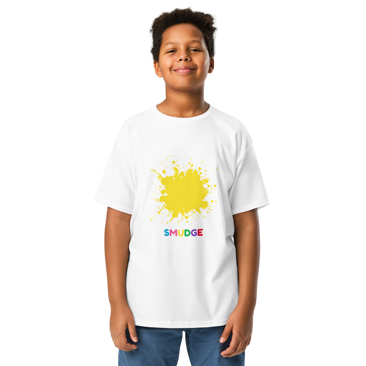 SMUDGE Yellow Splat Youth T-Shirt in white, front