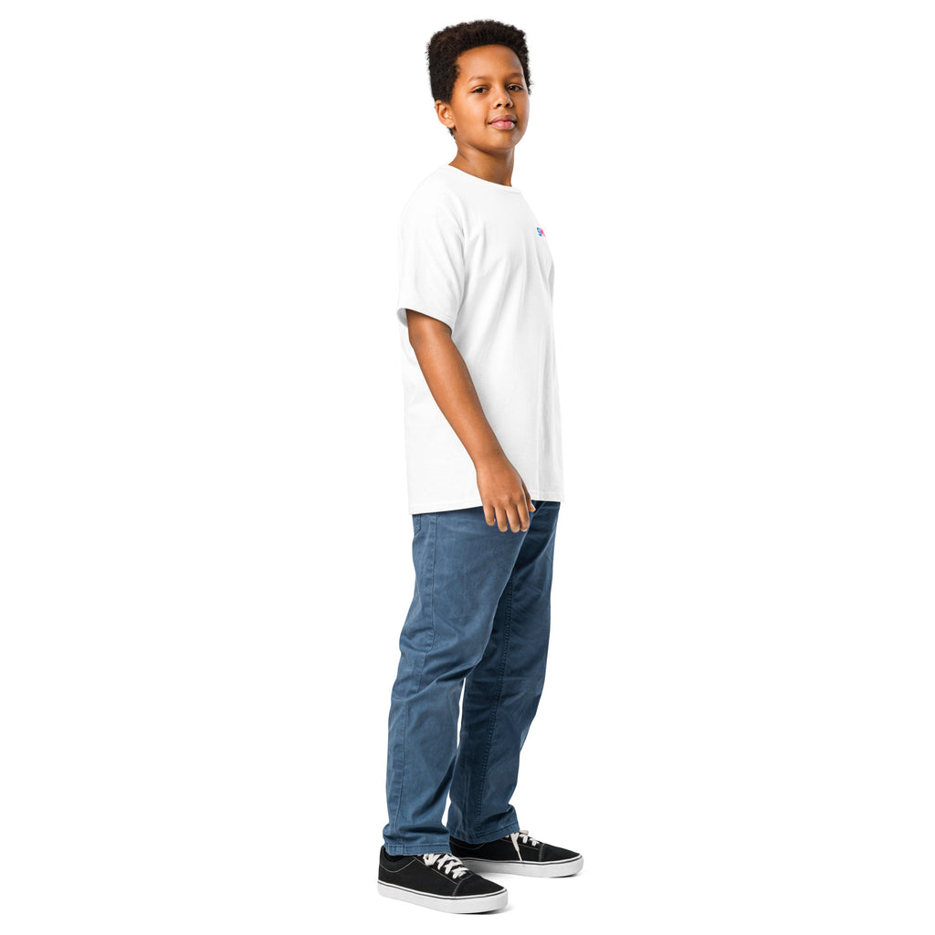 Side view of a boy wearing the white SMUDGE youth T-shirt
