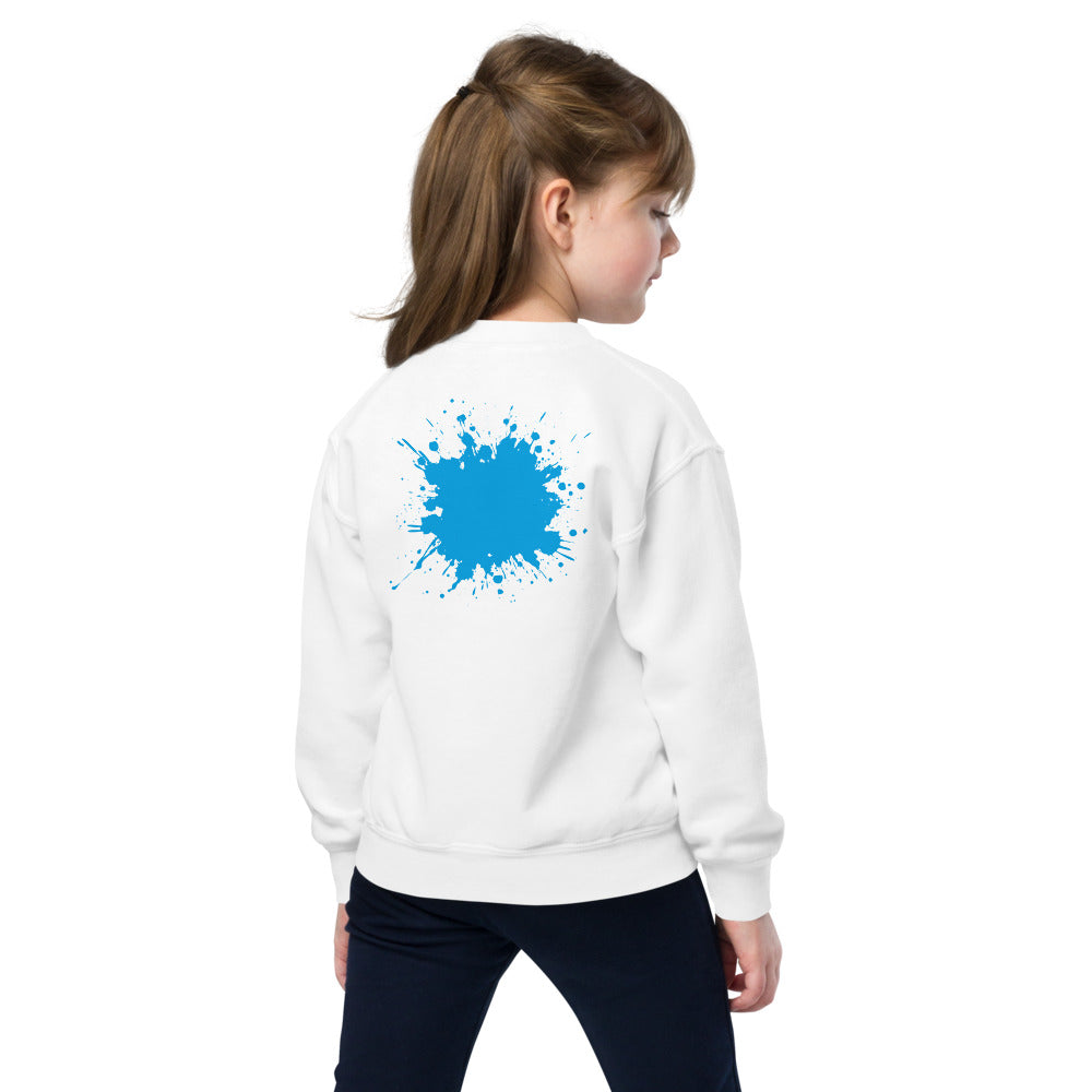 Child wearing a white SMUDGE youth sweatshirt with the Cyan Back Splash design, back view