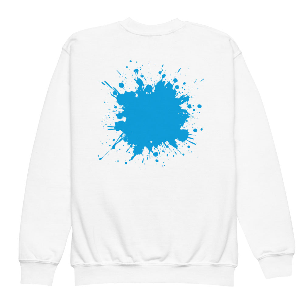 White SMUDGE youth sweatshirt with the Cyan Back Splash design, back view laid flat