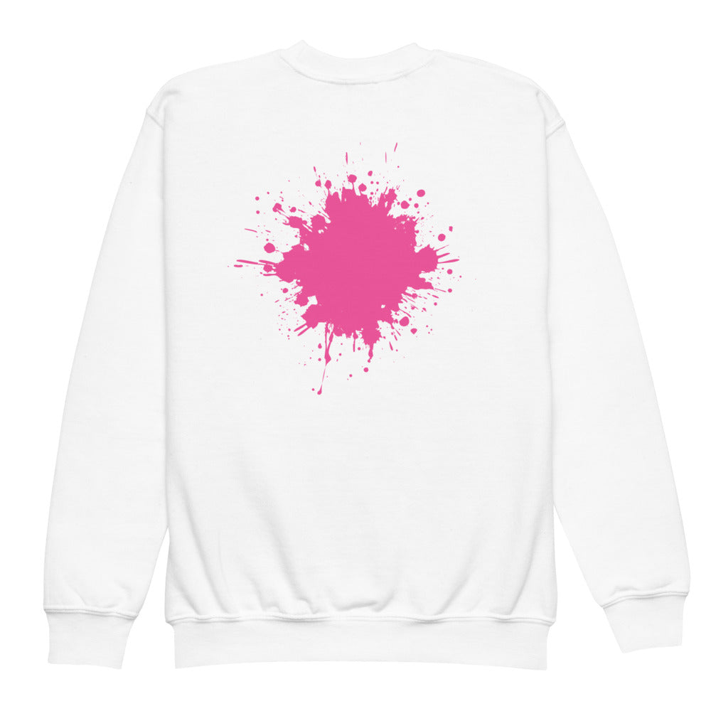 White SMUDGE youth sweatshirt with the Pink Back Splash design, back view laid flat