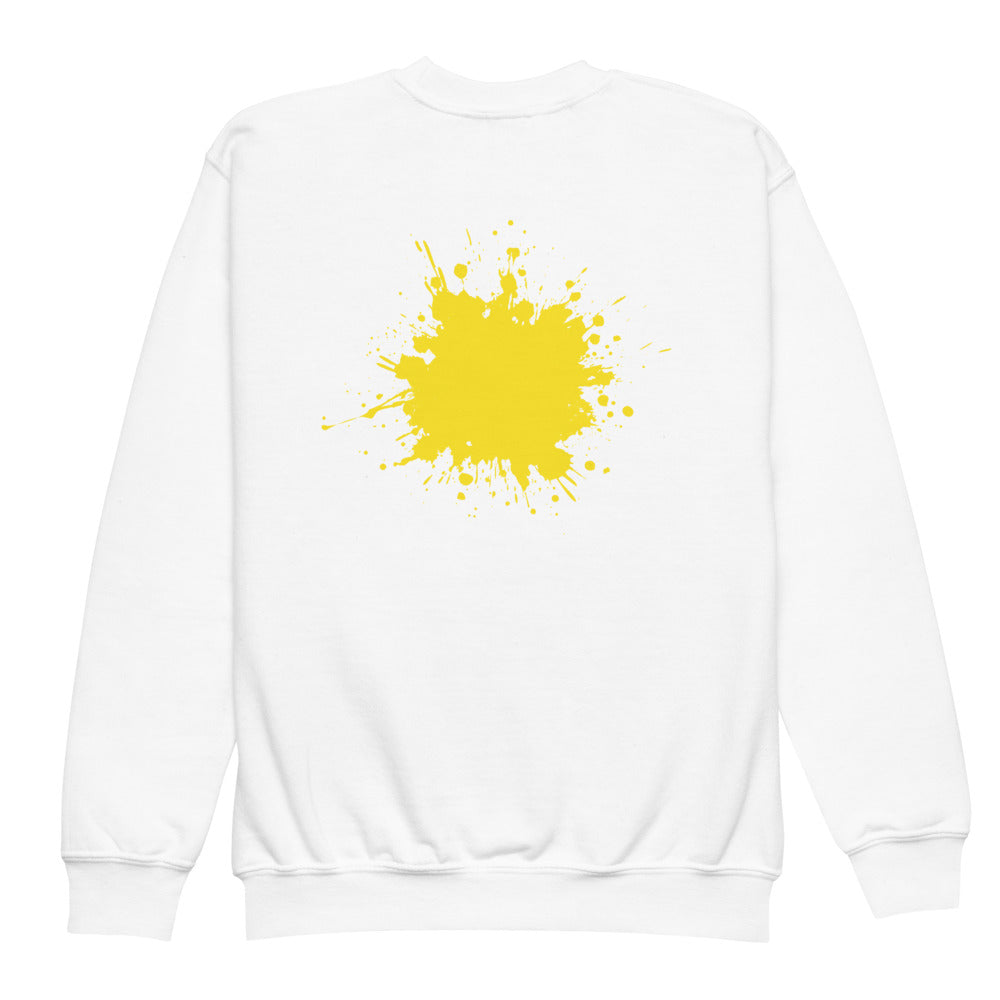 White SMUDGE youth sweatshirt with the Yellow Back Splash design, back view laid flat