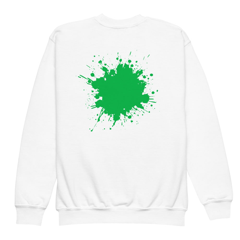 White SMUDGE youth sweatshirt with the Green Back Splash design, back view laid flat