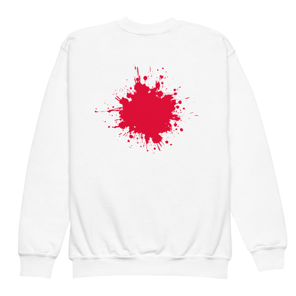 White SMUDGE youth sweatshirt with the Red Back Splash design, back view laid flat