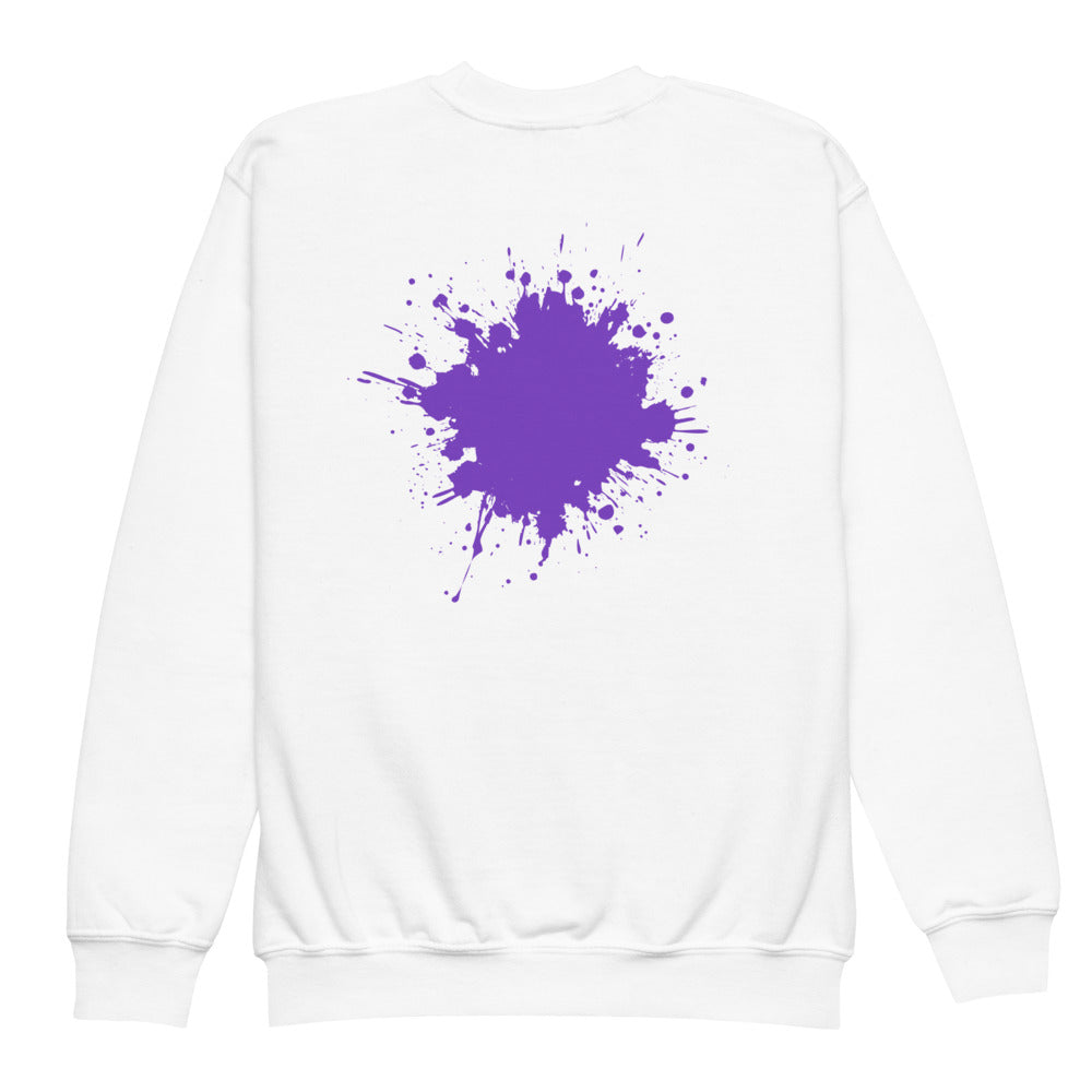 White SMUDGE youth sweatshirt with the Purple Back Splash design, back view laid flat