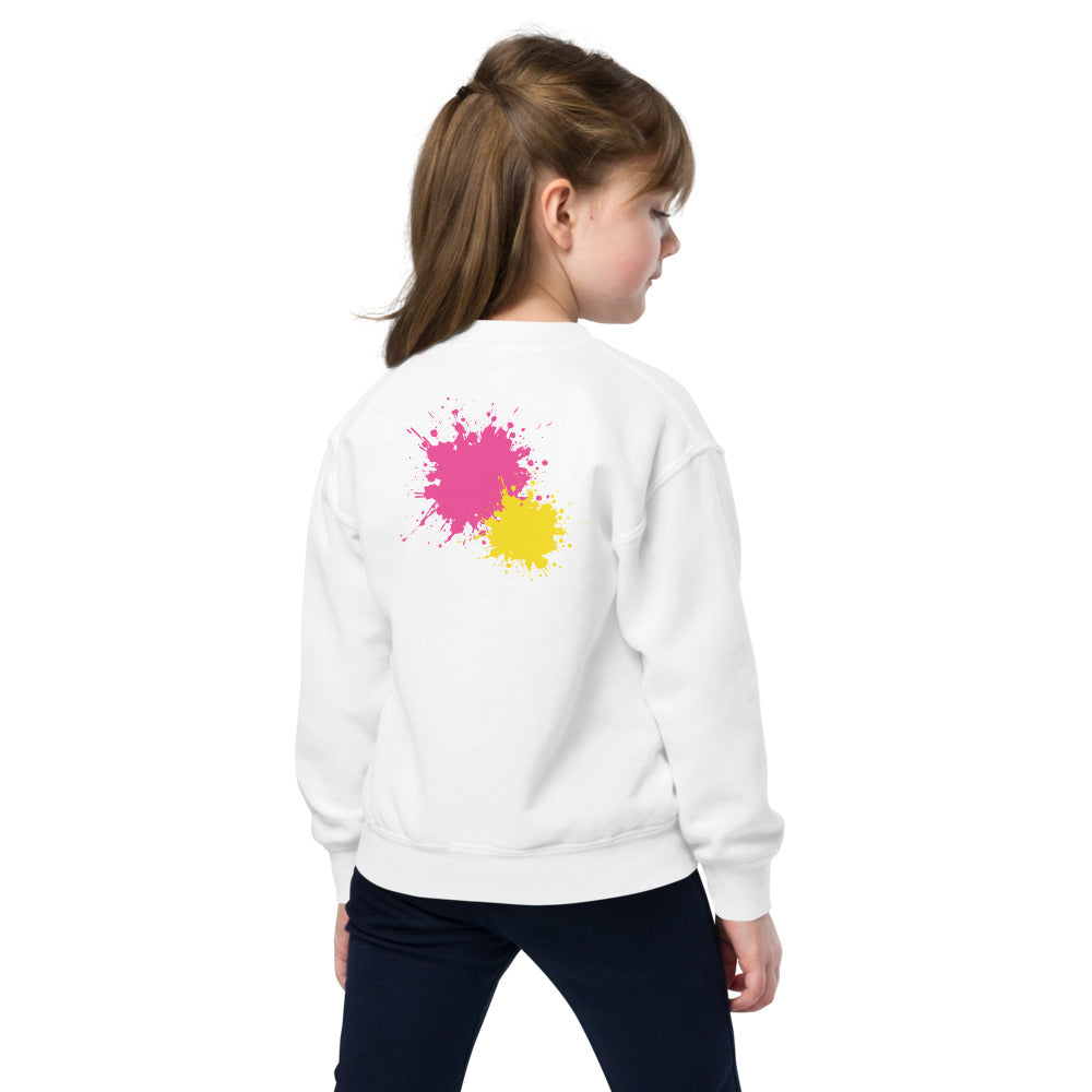 Child wearing a white SMUDGE youth sweatshirt with the Pink and Yellow Back Pair design, back view