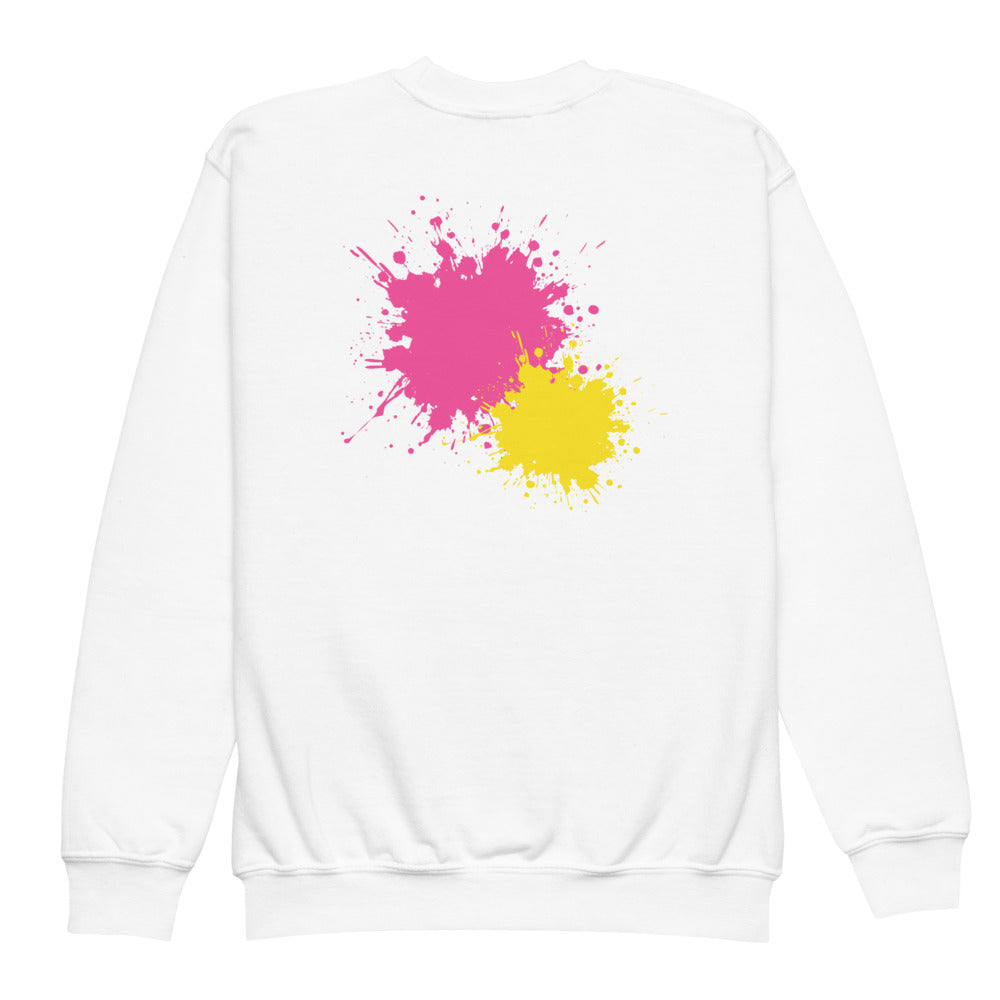 White SMUDGE youth sweatshirt with the Pink and Yellow Back Pair design, back view laid flat