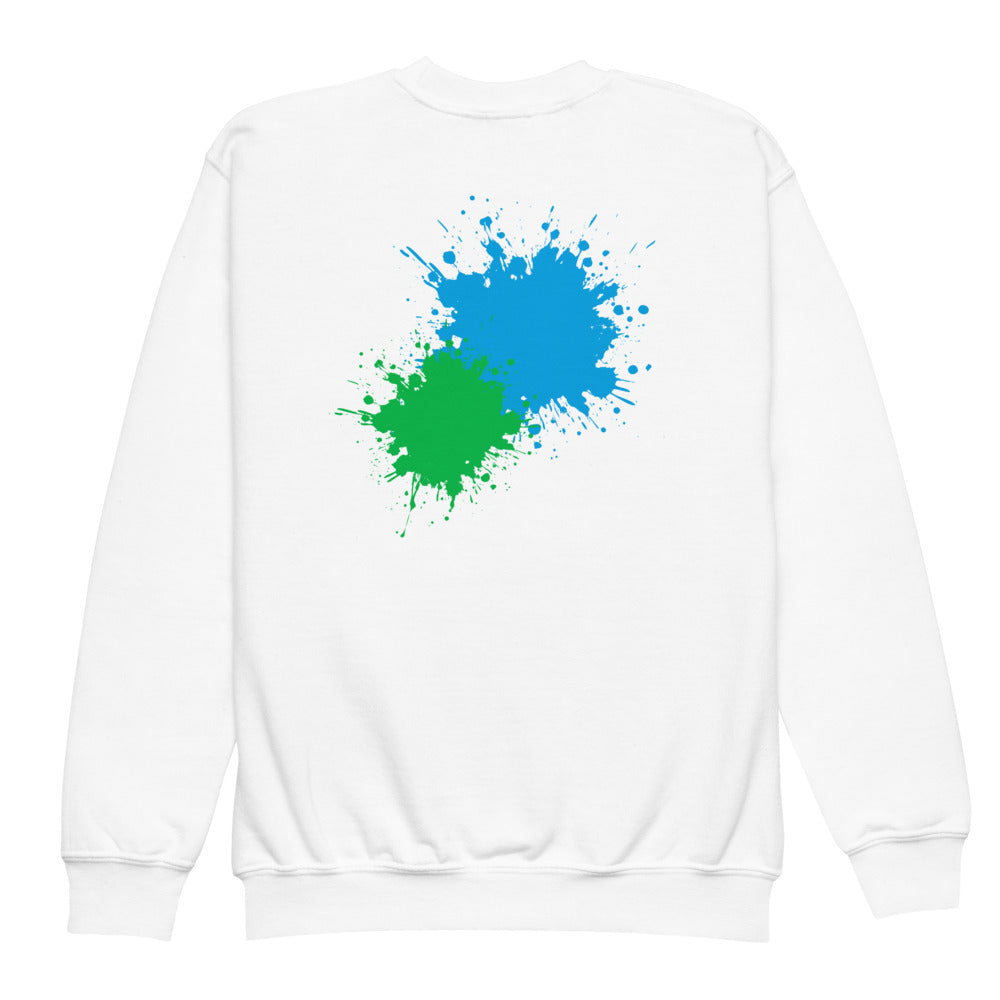 White SMUDGE youth sweatshirt with the Cyan and Green Back Pair design, back view laid flat